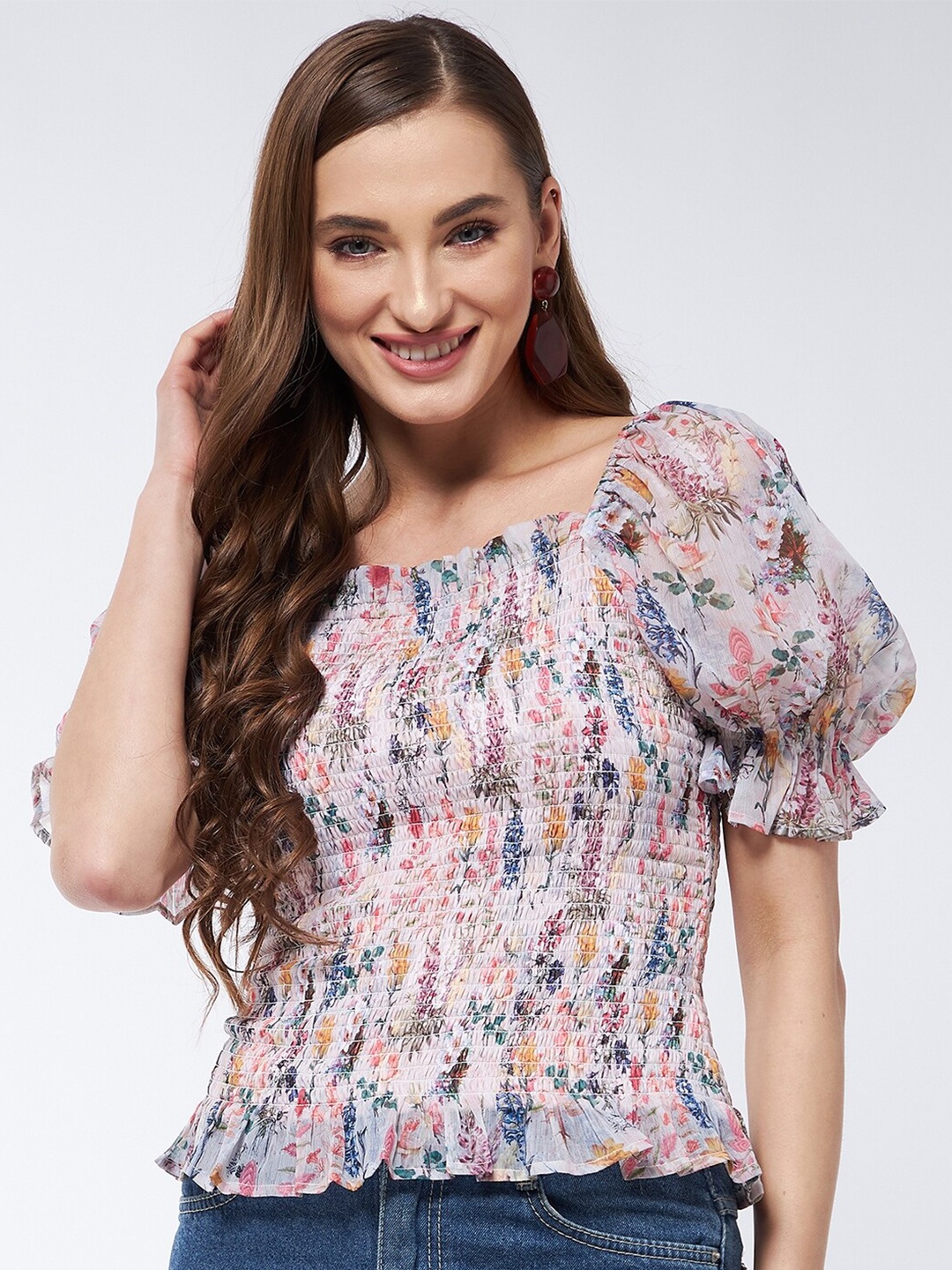 

MAGRE Pink Floral Print Chiffon Smocking Blouson Top