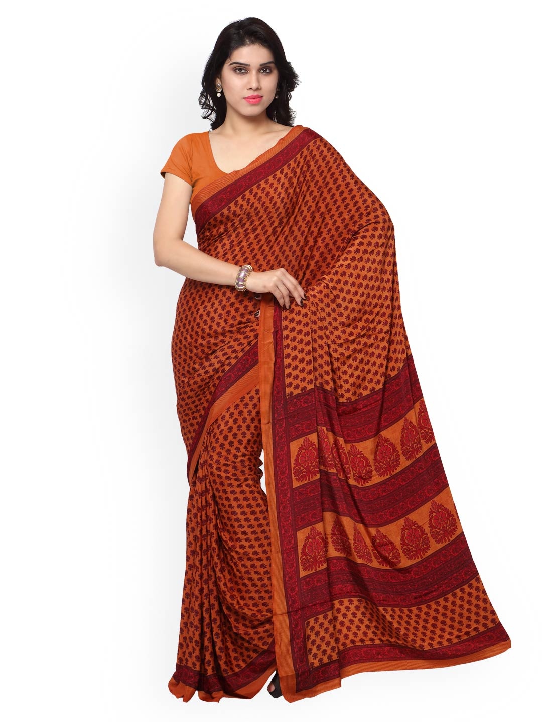 

Kalista Rust Orange & Maroon Silk & Crepe Floral Print Saree