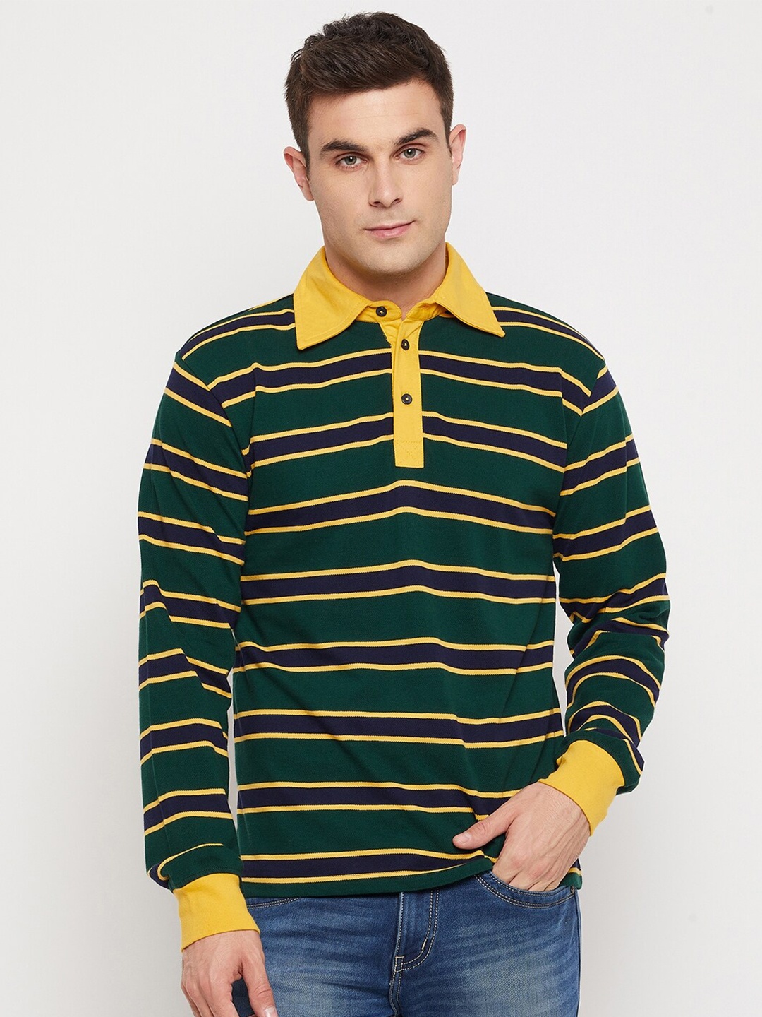 

FUGAZEE Men Green & Navy Blue Striped Relaxed Polo Collar T-shirt