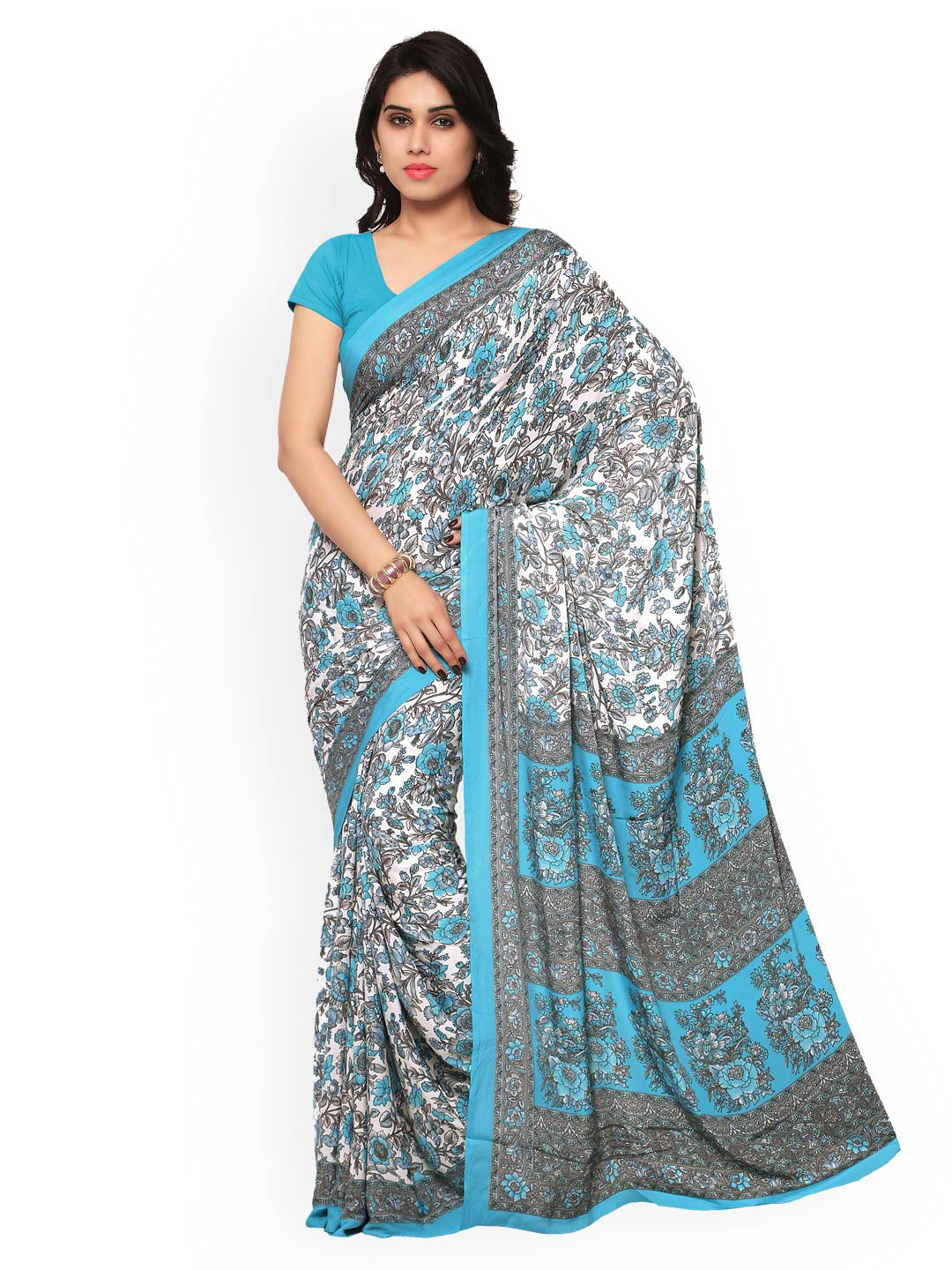 

Kalista Grey & Turquoise Blue Silk & Crepe Floral Print Saree