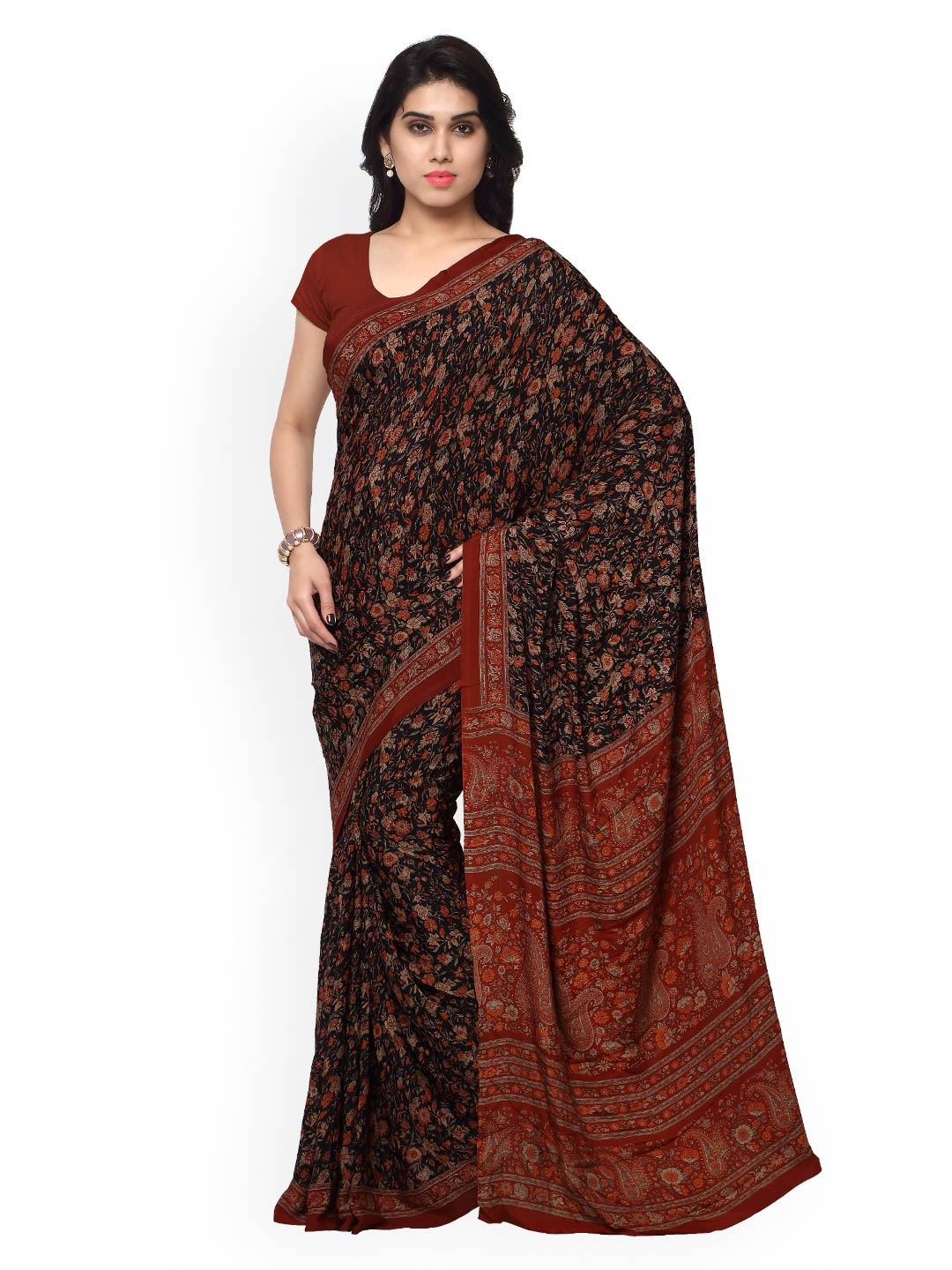 

Kalista Black & Maroon Silk & Crepe Paisley Print Saree