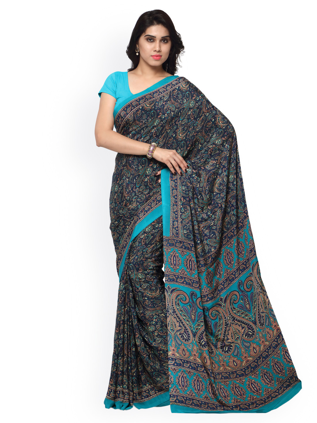 

Kalista Navy Silk & Crepe Paisley Print Saree, Navy blue