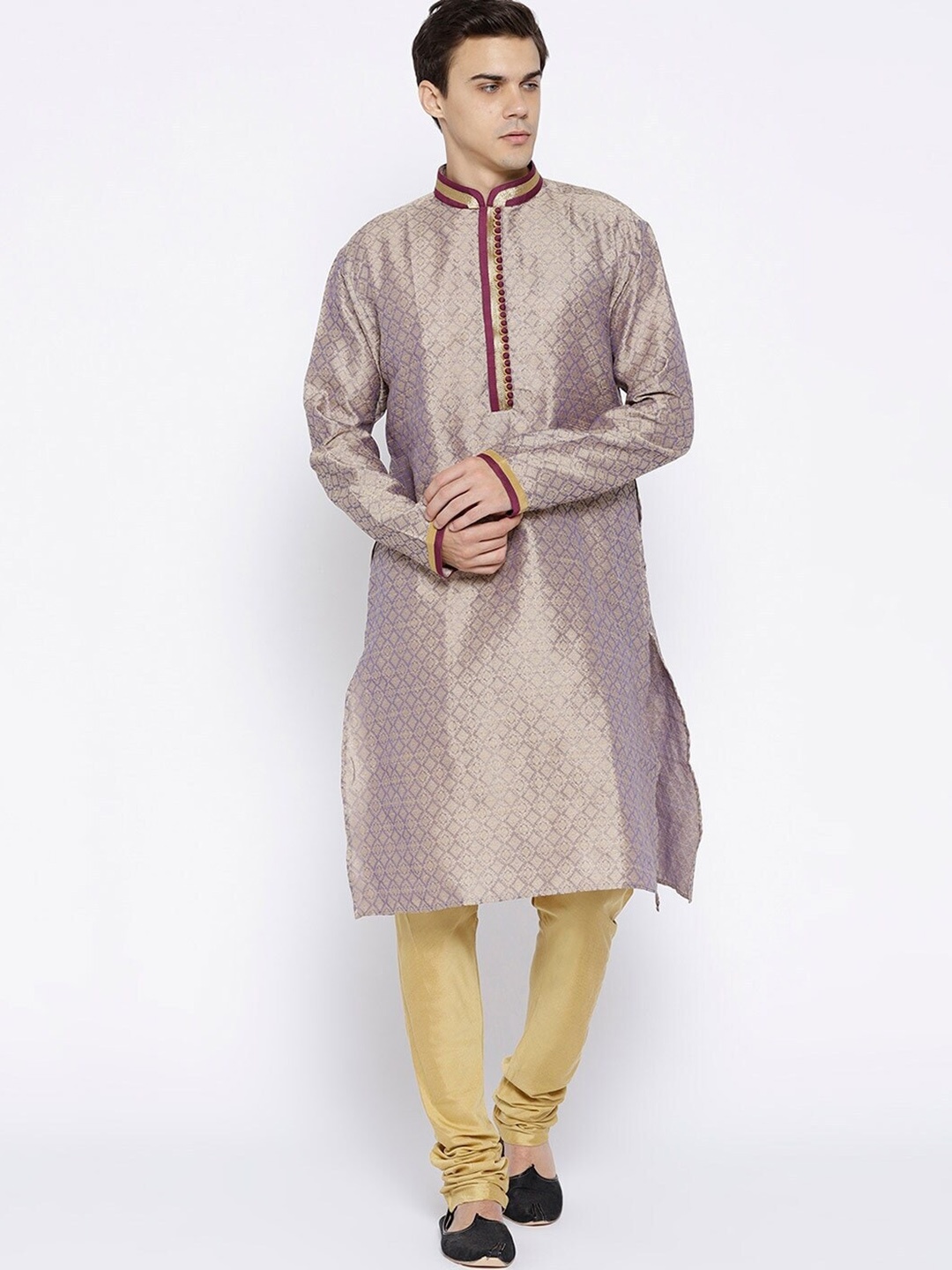 

Chitwan Mohan Men Purple Ethnic Motifs Layered Dupion Silk Kurti with Pyjamas & With Dupatta