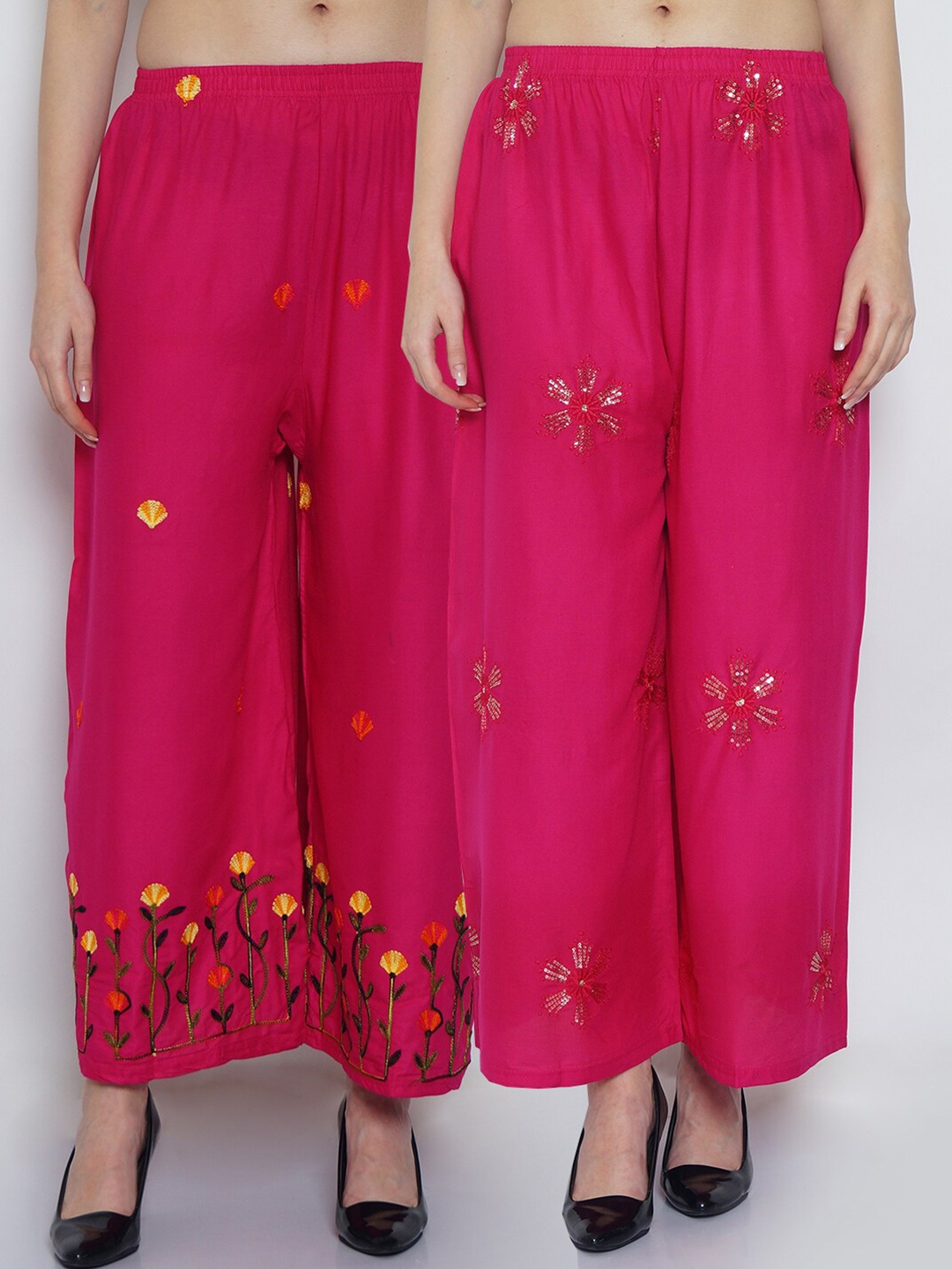 

GRACIT Women Pack of 2 Floral Embroidered Flared Knitted Palazzos, Fuchsia