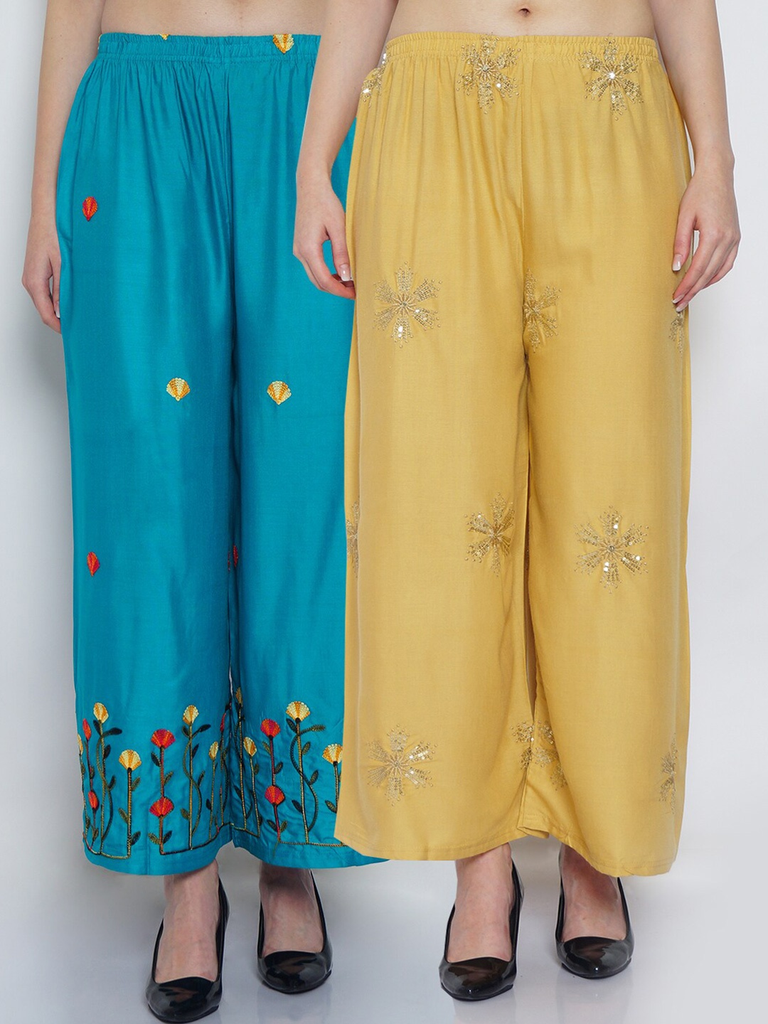 

GRACIT Women Beige & Turquoise Blue 2 Ethnic Motifs Embroidered Flared Knitted Ethnic Palazzos