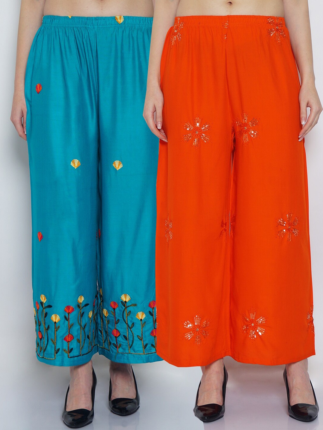 

GRACIT Women Pack of 2 Embroidered Flared Knitted Ethnic Palazzos, Orange