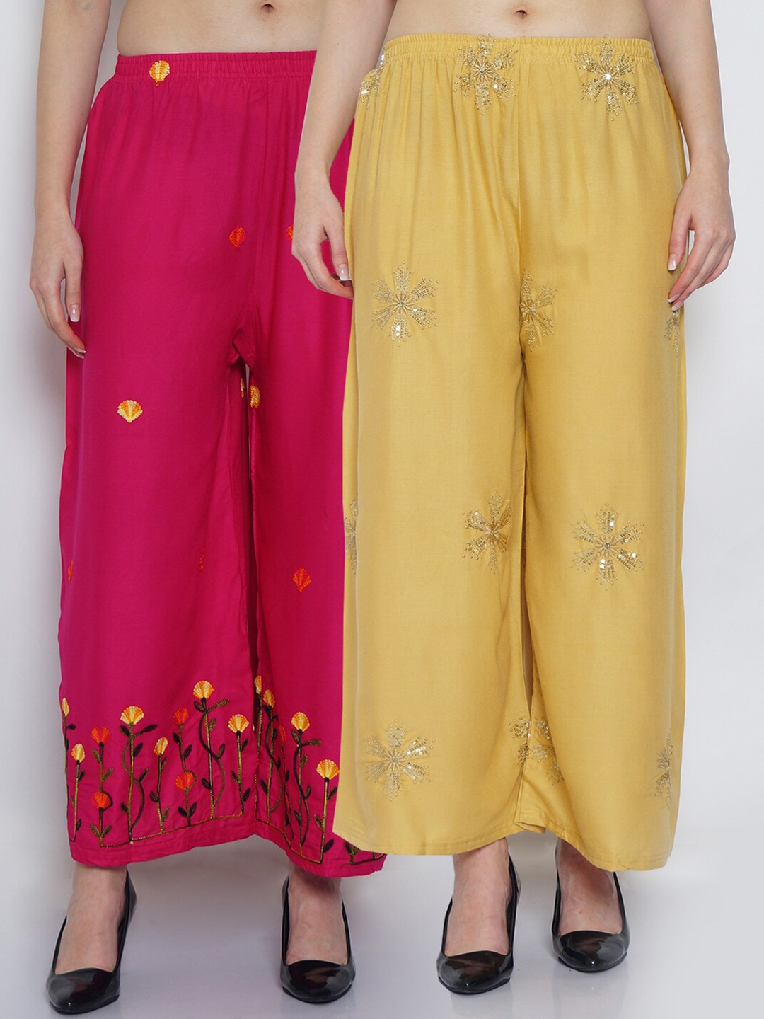 

GRACIT Women Set of 2 Beige & Pink Printed Flared Knitted Ethnic Palazzos