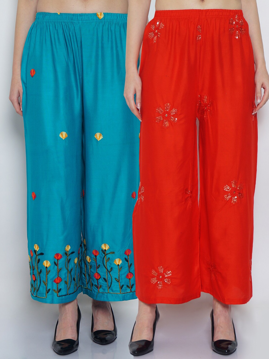 

GRACIT Women Set Of 2 Embroidered Flared Fit Palazzos, Red