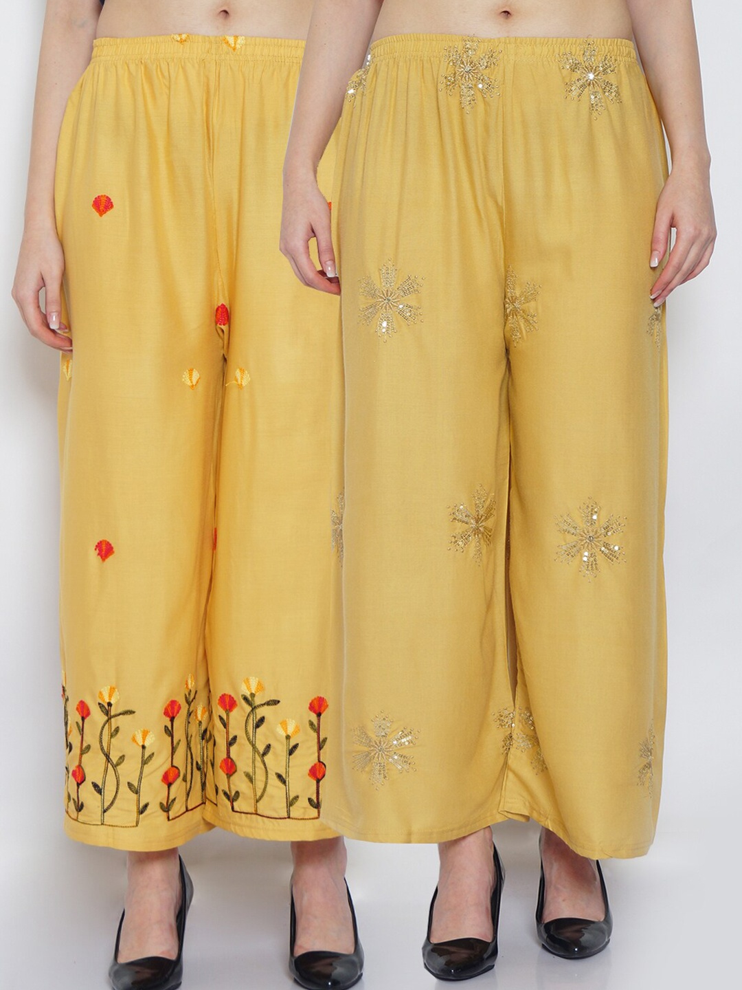 

GRACIT Women Yellow & Beige Set Of 2 Floral Embroidered Flared Knitted Palazzos