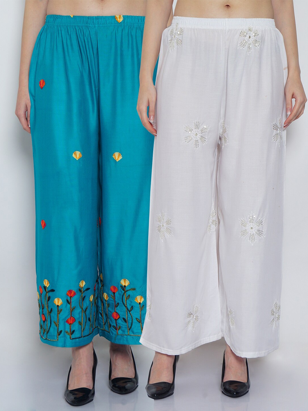 

GRACIT Women White & Blue 2 Floral Embroidered Palazzos