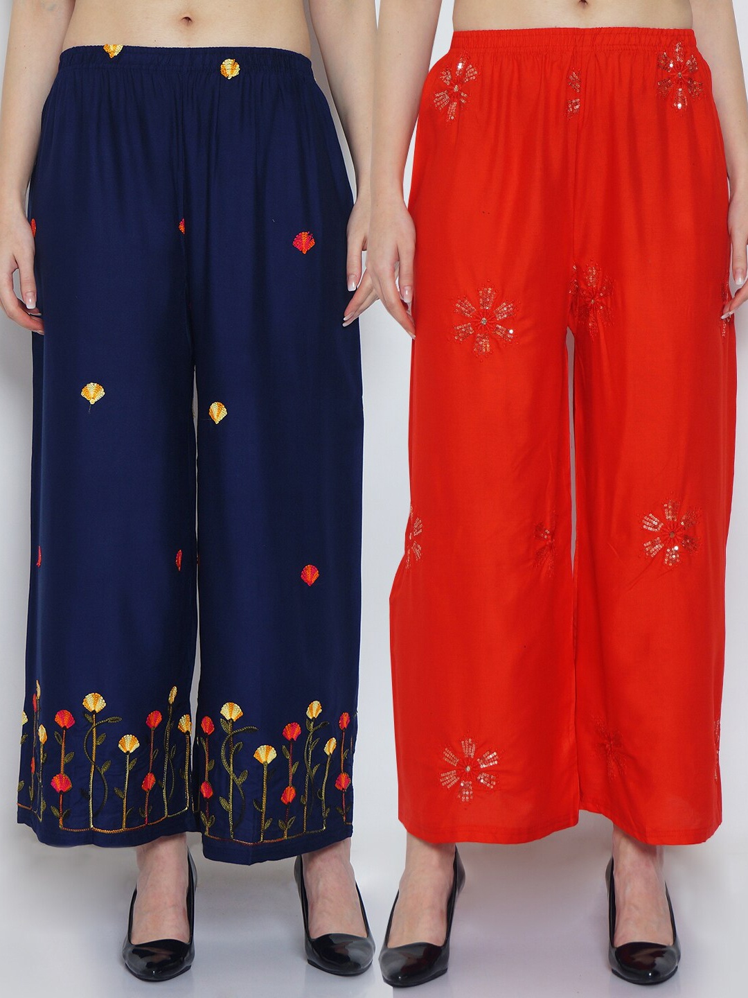 

GRACIT Women Pack of 2 Red & Navy Blue Ethnic Motifs Straight Palazzos