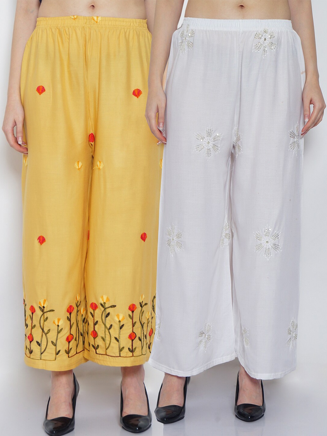 

GRACIT Women Pack of 2 Printed Flared Knitted Ethnic Palazzos, White