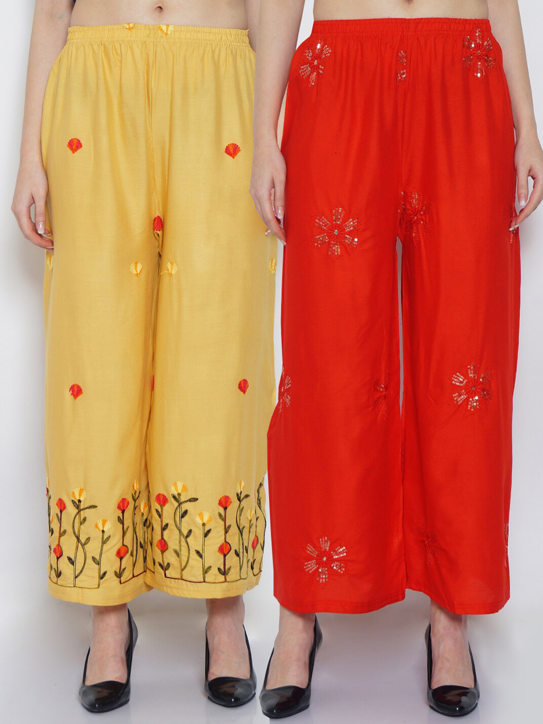 

GRACIT Women Pack of 2 Printed Flared Knitted Palazzos, Red