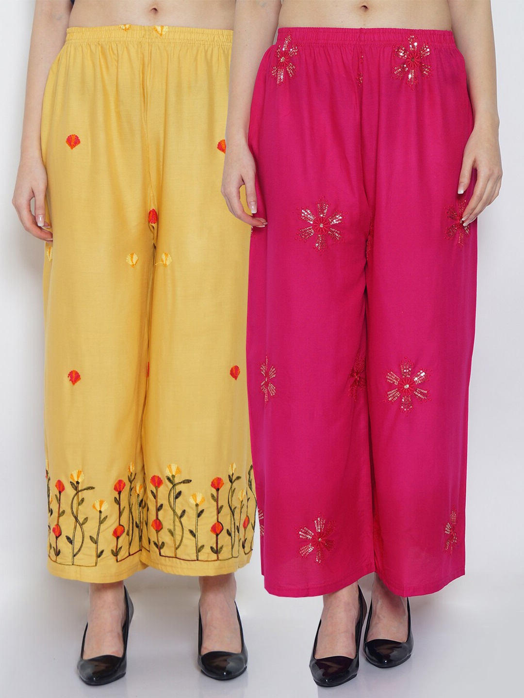 

GRACIT Women Pink & Yellow Set Of 2 Floral Embroidered Flared Knitted Palazzos