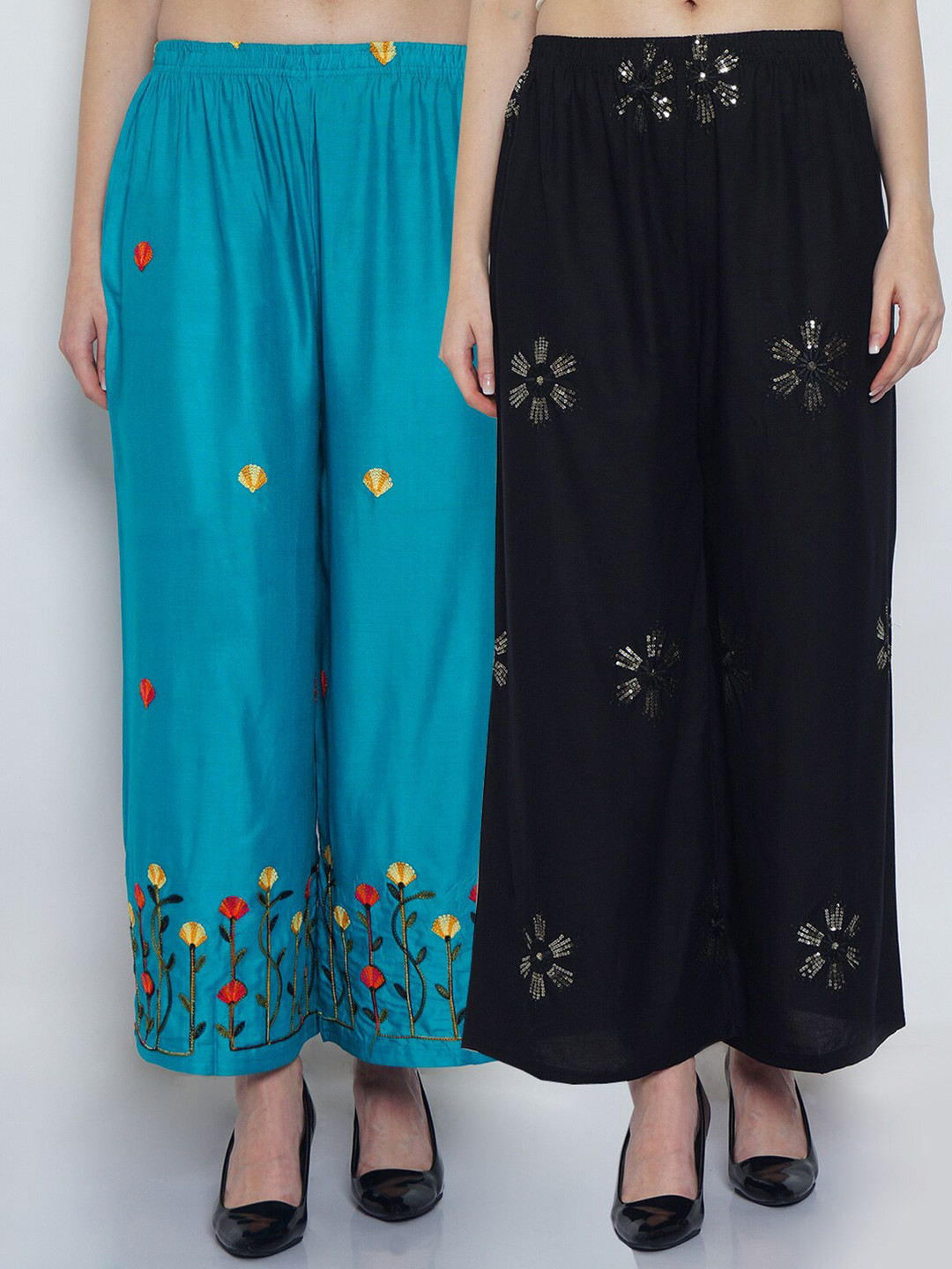 

GRACIT Women Set Of 2 Embroidered Flared Fit Palazzos, Black