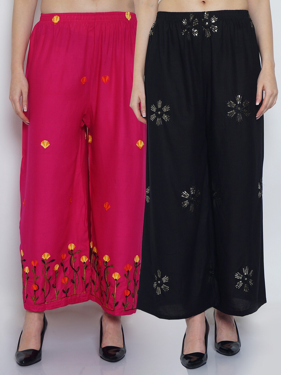 

GRACIT Women Black & Fuchsia Pack of 2 Floral Flared Ethnic Palazzos