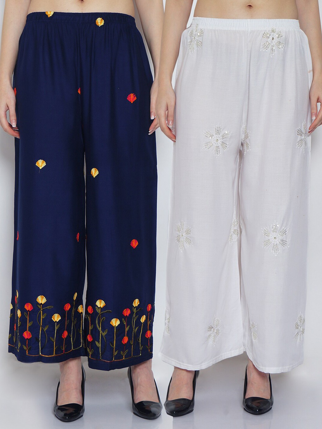 

GRACIT Women Pack of 2 White & Navy Blue Ethnic Motifs Straight Palazzos