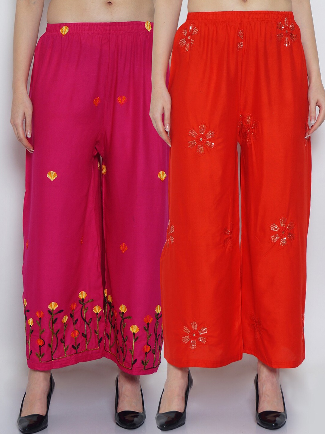 

GRACIT Women Pack Of 2 Red & Pink Embroidered Flared Knitted Ethnic Palazzos