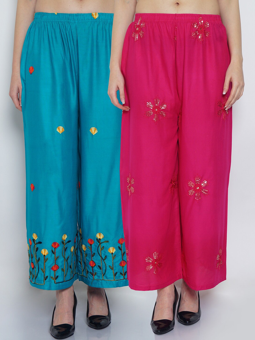 

GRACIT Women Pack Of 2 Magenta & Blue Floral Embroidered Palazzos