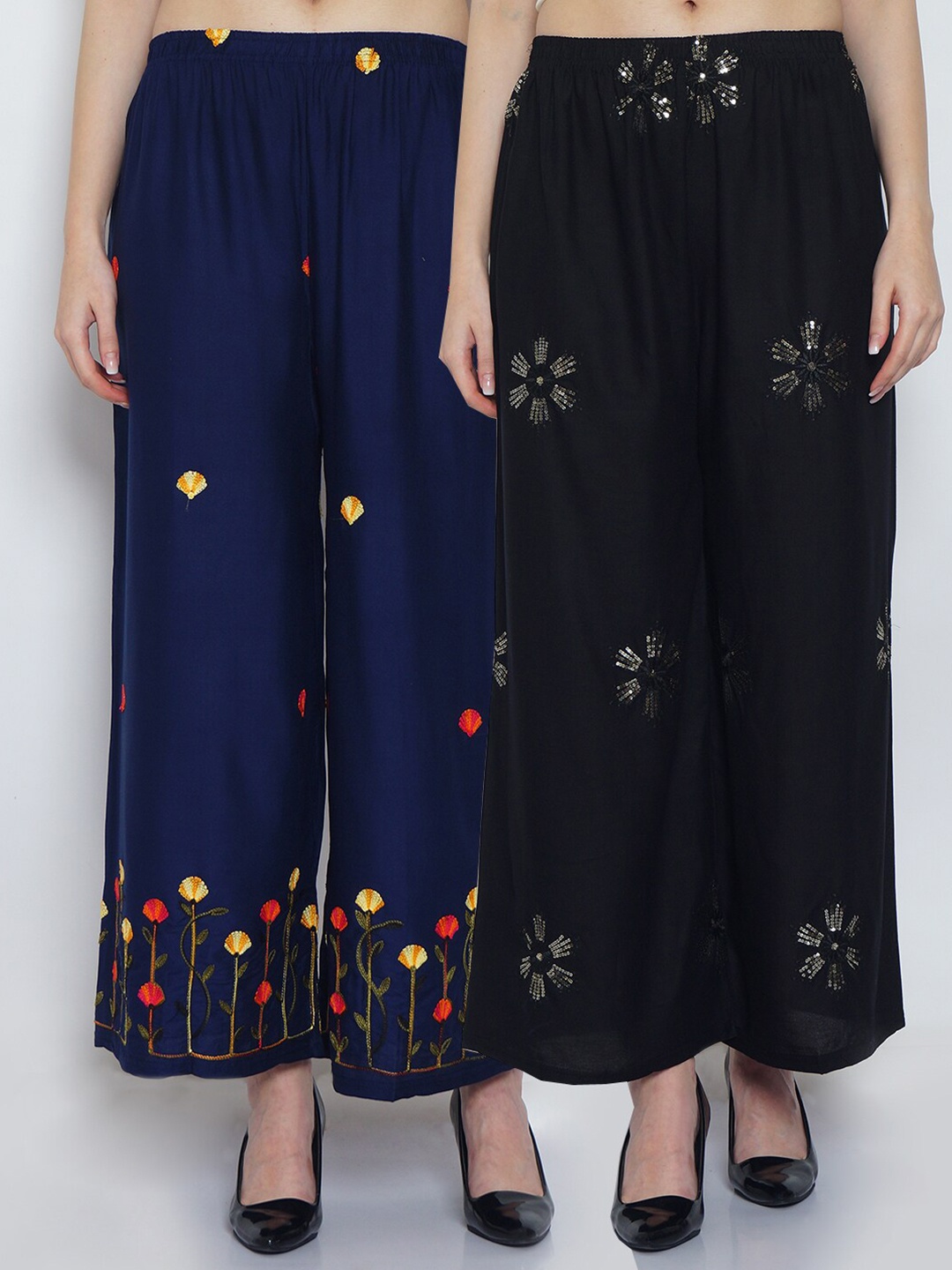 

GRACIT Women Pack of 2 Printed Flared Knitted Palazzos, Black