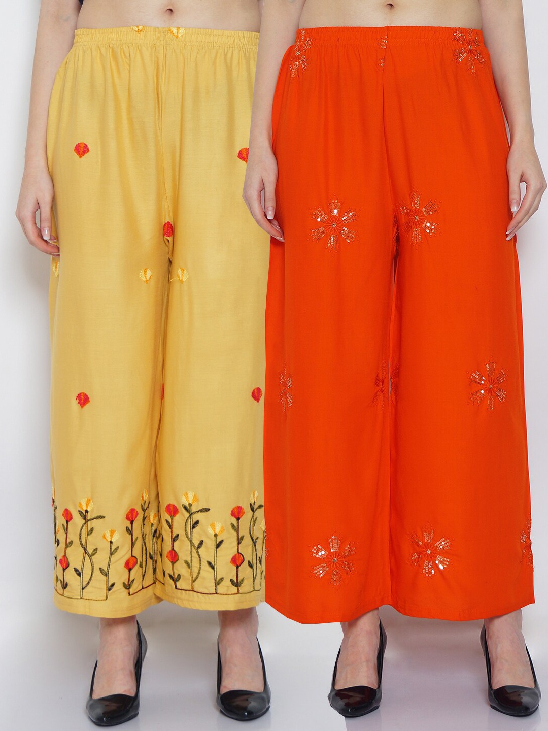 

GRACIT Women Pack of 2 Printed Flared Knitted Ethnic Palazzos, Orange