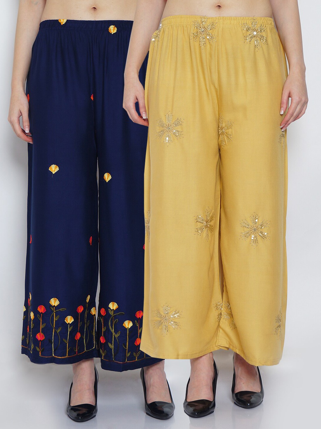 

GRACIT Women Beige & Navy Blue Set Of 2 Floral Embroidered Flared Knitted Palazzos