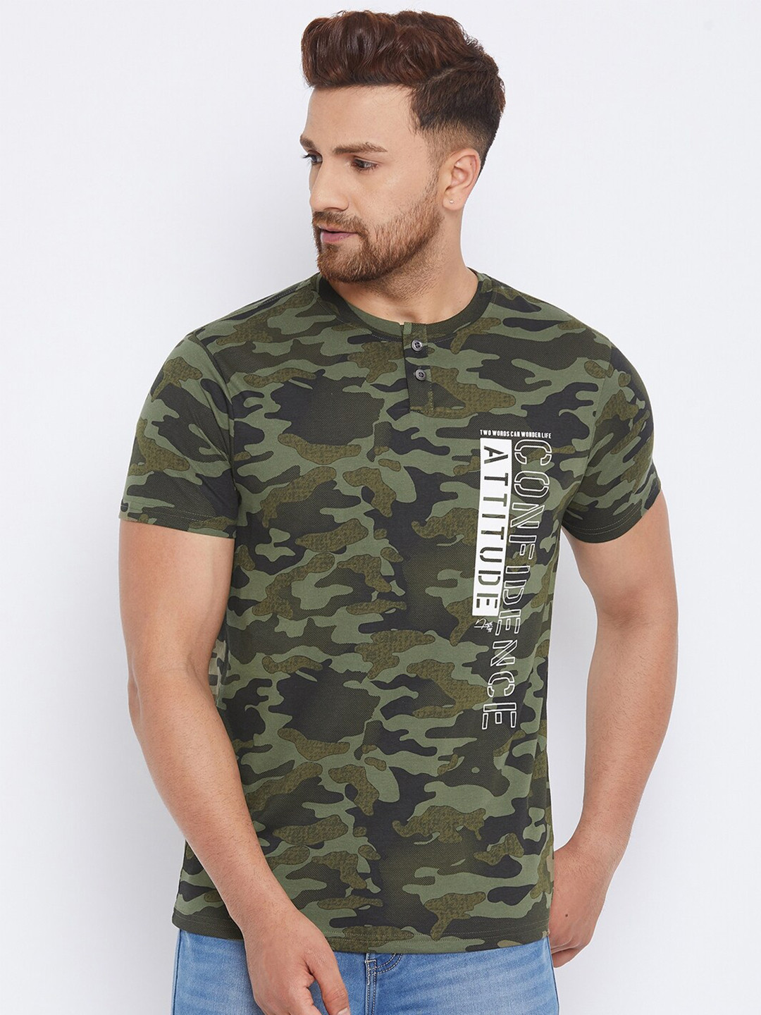 

98 Degree North Men Olive Green & Brown Camouflage Printed T-shirt