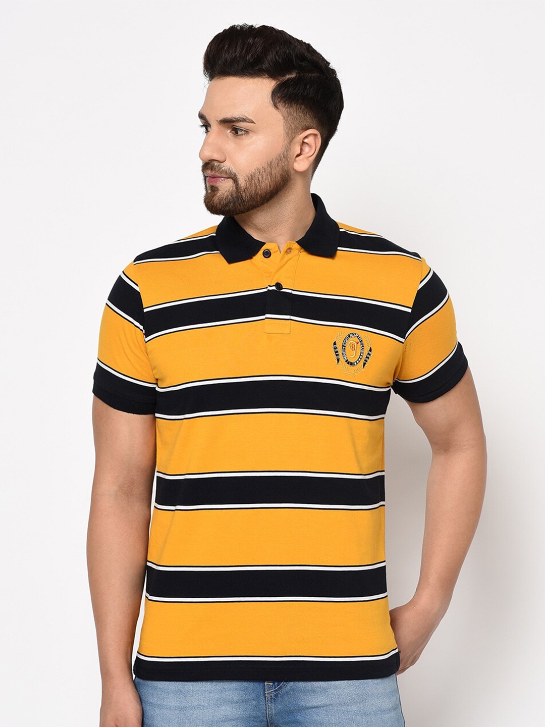 

98 Degree North Men Yellow & Black Striped Polo Collar T-shirt