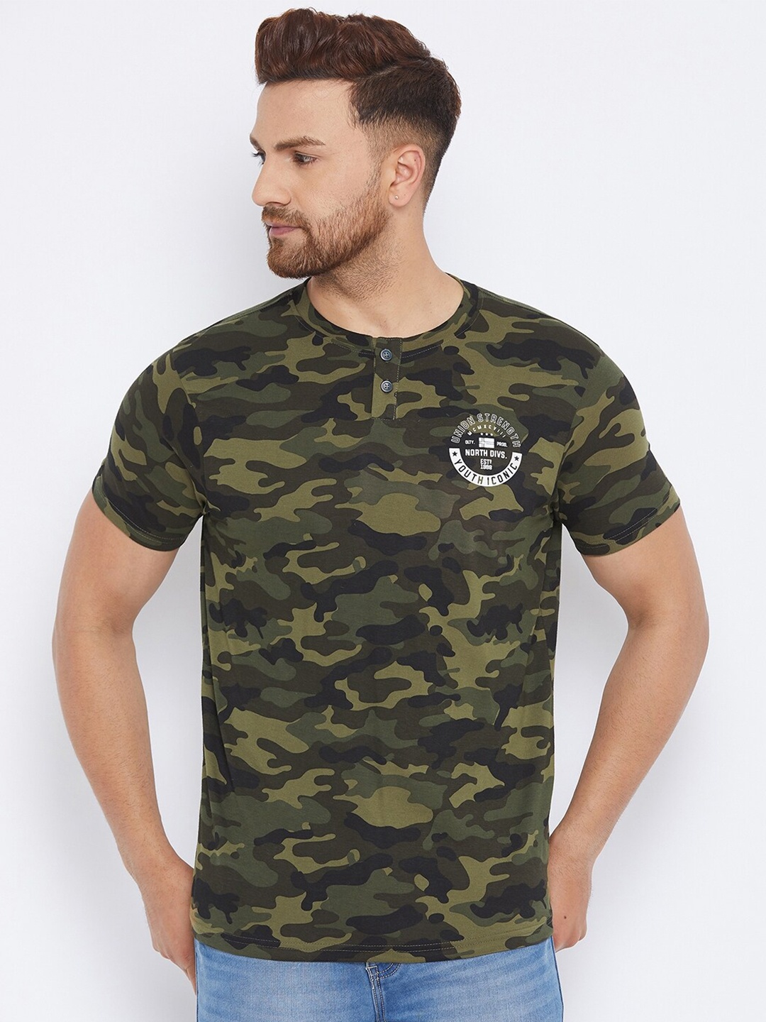 

98 Degree North Men Olive Green Camouflage Printed Regular Fit Cotton T-shirt