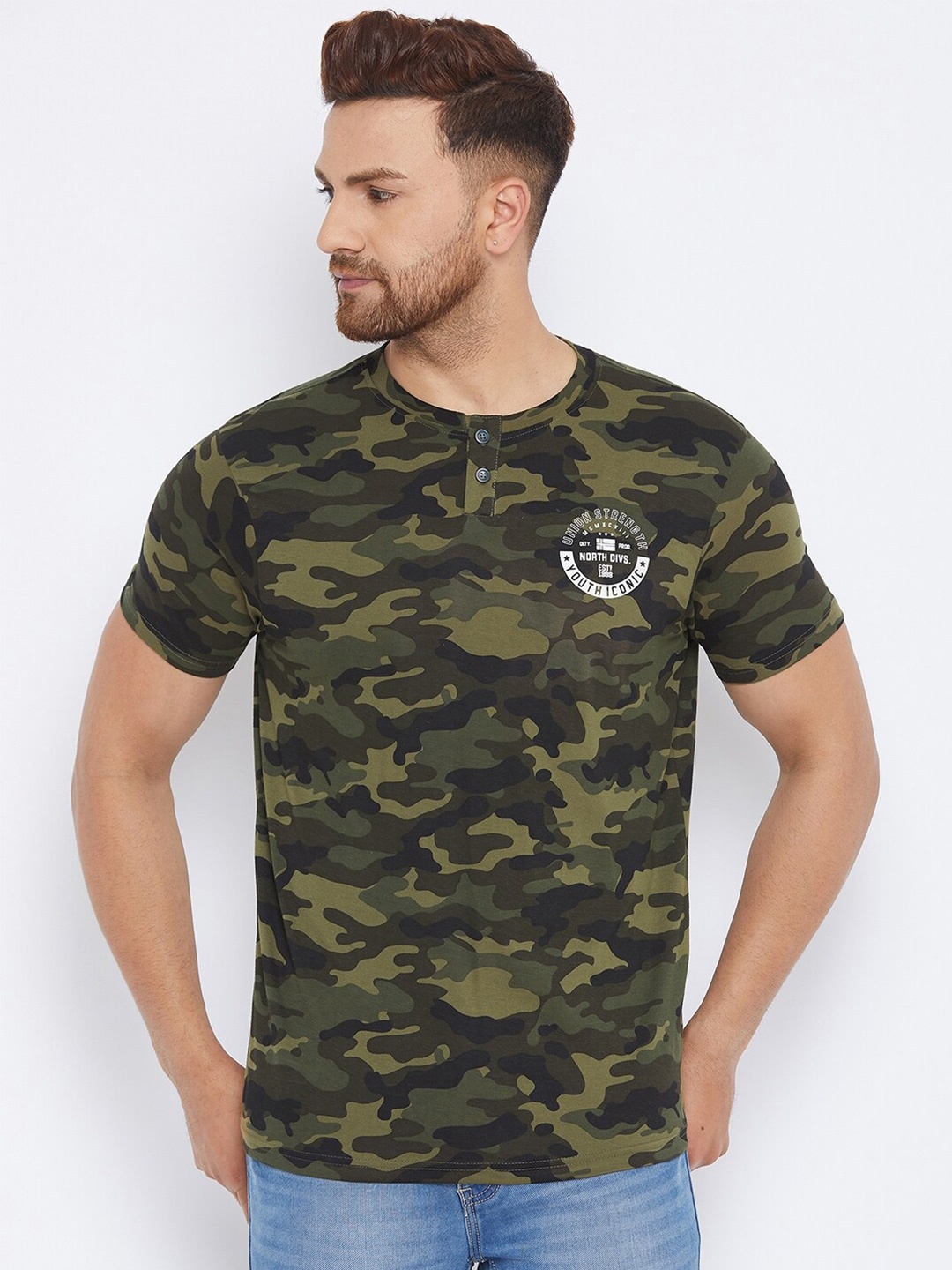 

98 Degree North Men Olive Green Camouflage Printed T-shirt