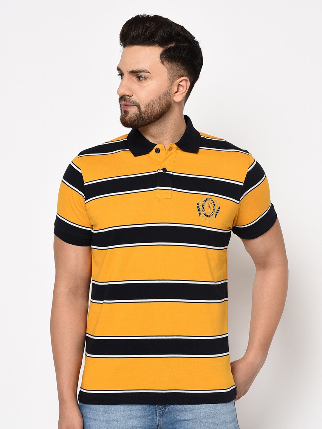 

98 Degree North Men Yellow & Black Striped Polo Collar T-shirt