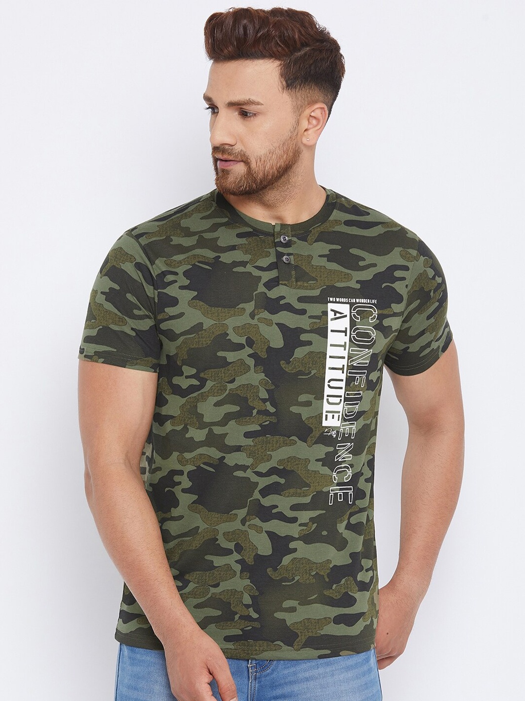 

98 Degree North Men Olive Green Camouflage Printed Regular Fit Cotton T-shirt