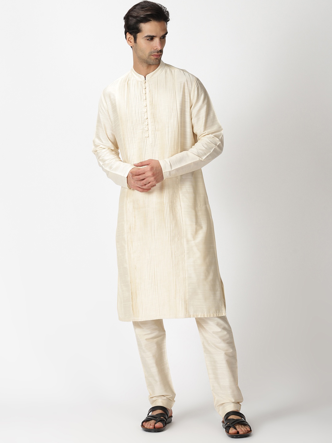 

Saffron Threads Men Off White Pintuck Detail Kurta with Pyjamas