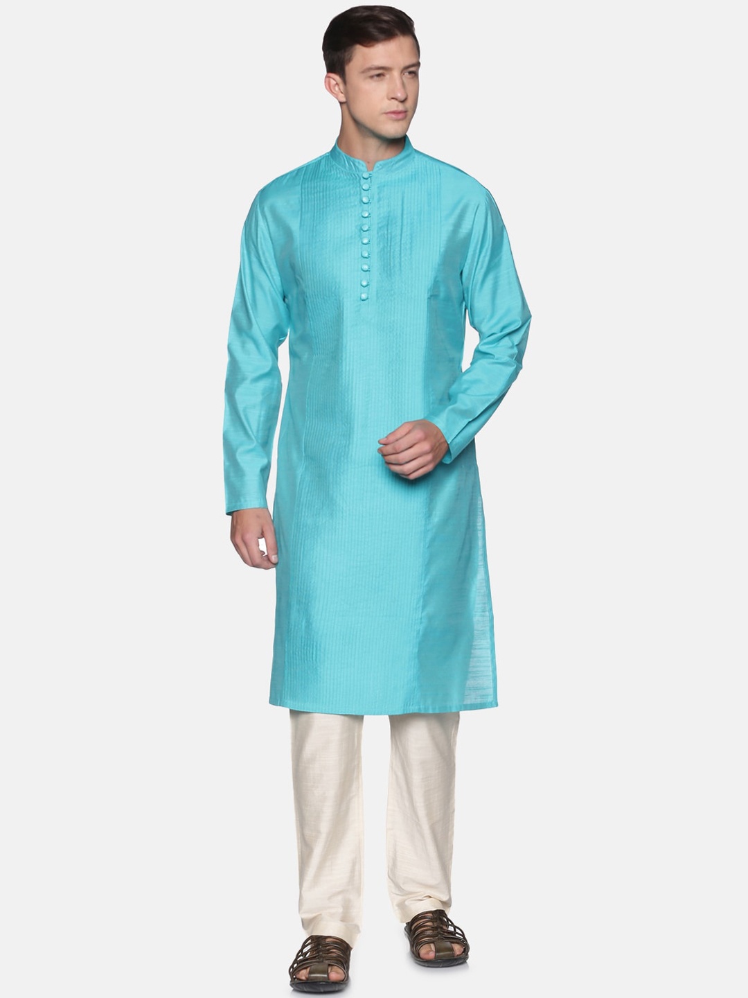 

Saffron Threads Men Turquoise Blue Pintuck Detail Kurta with Pyjamas