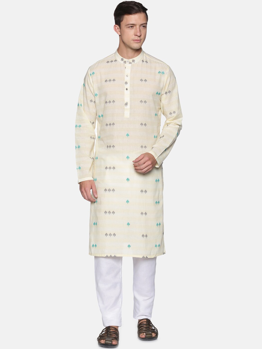 

Saffron Threads Men Off White Woven Design Pure Cotton Kurta with Pyjamas