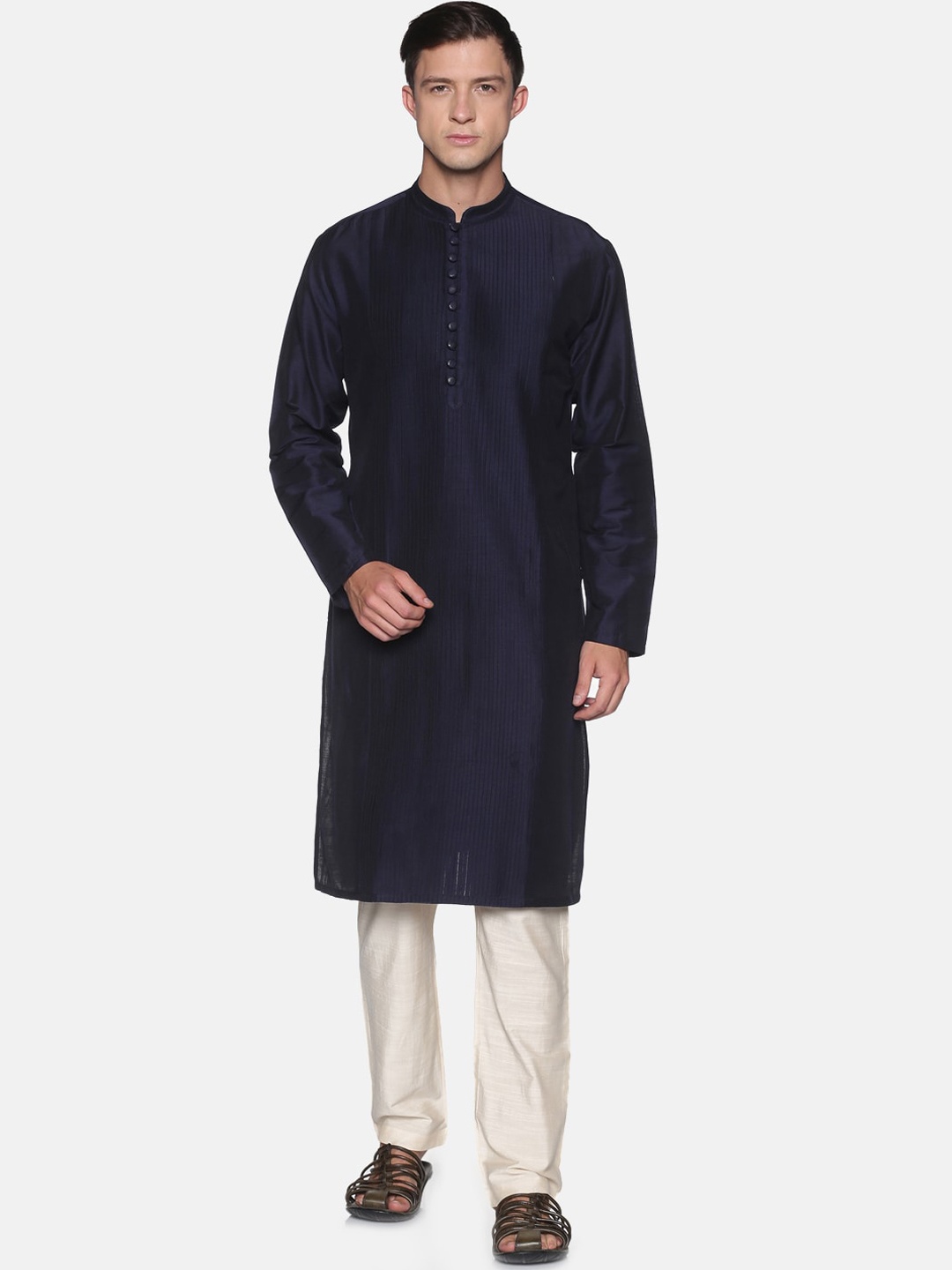 

Saffron Threads Men Navy Blue Pintuck Detail Kurta with Pyjamas
