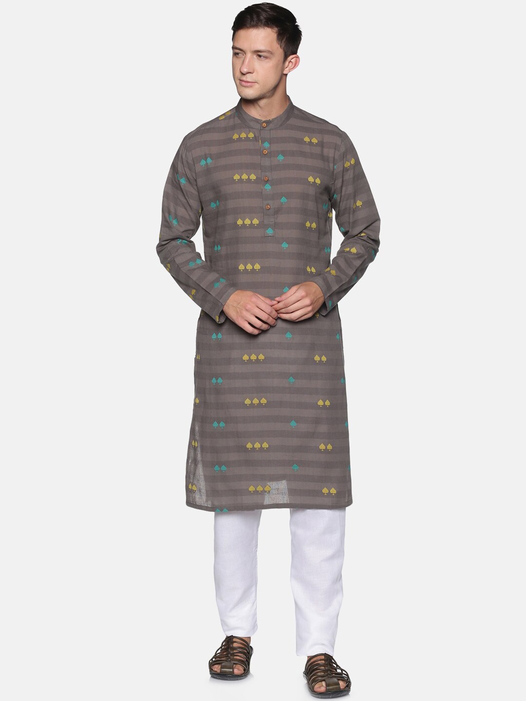 

Saffron Threads Men Grey Woven Design Pure Cotton Kurta with Pyjamas