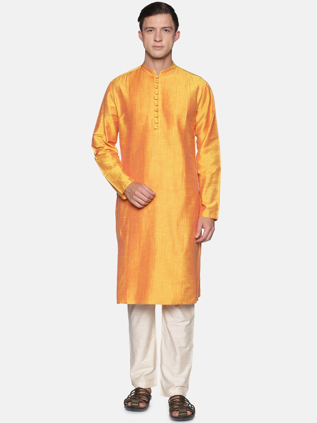 

Saffron Threads Men Mustard Yellow Pintuck Detail Kurta with Pyjamas