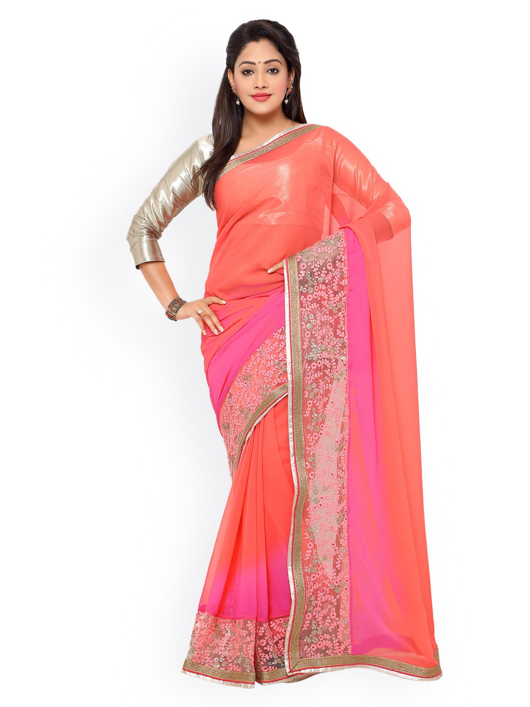 

Kalista Pink & Orange Chiffon Embroidered Saree