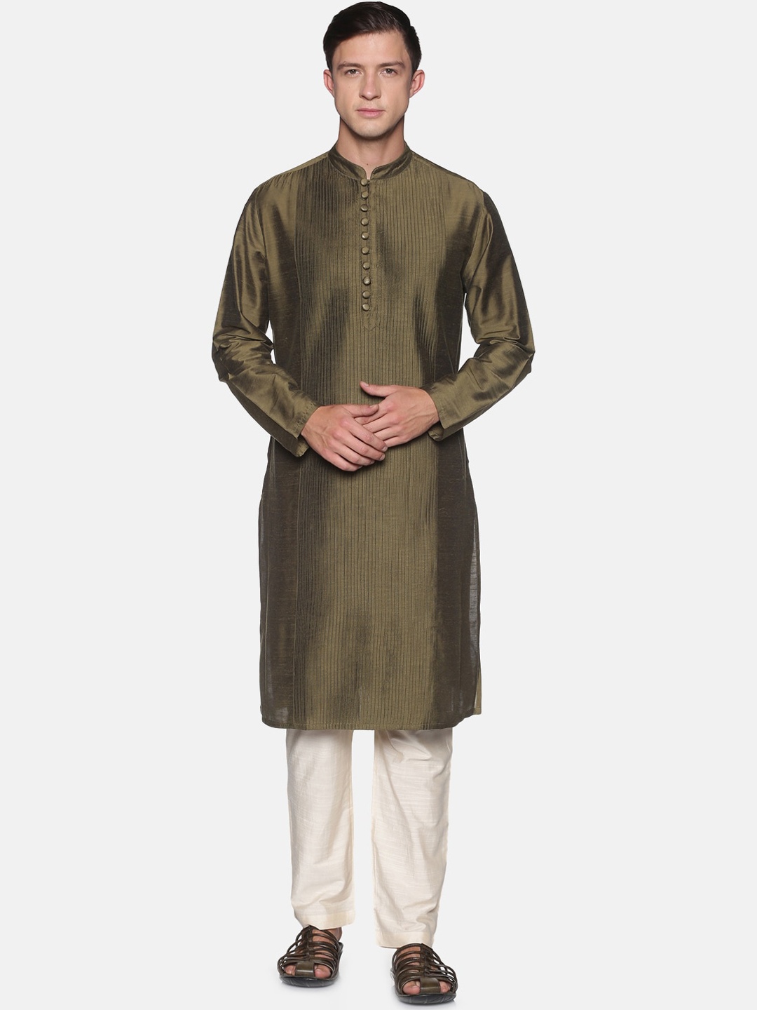 

Saffron Threads Men Olive Green Pintuck Detail Kurta with Pyjamas