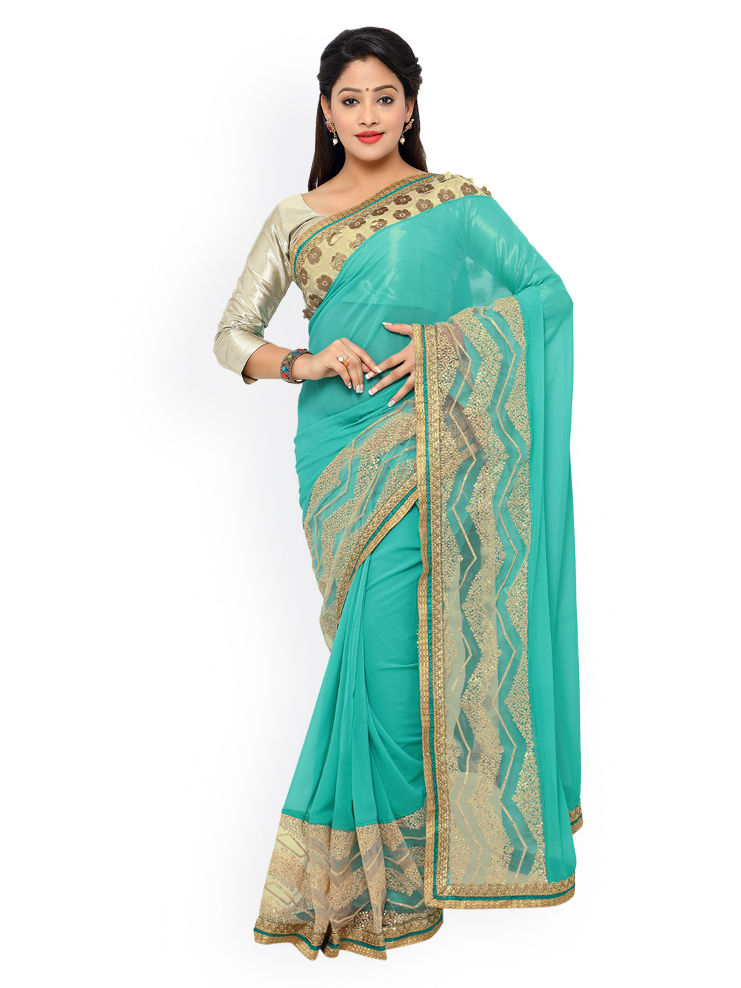 

Kalista Sea Green Georgette Embroidered Saree