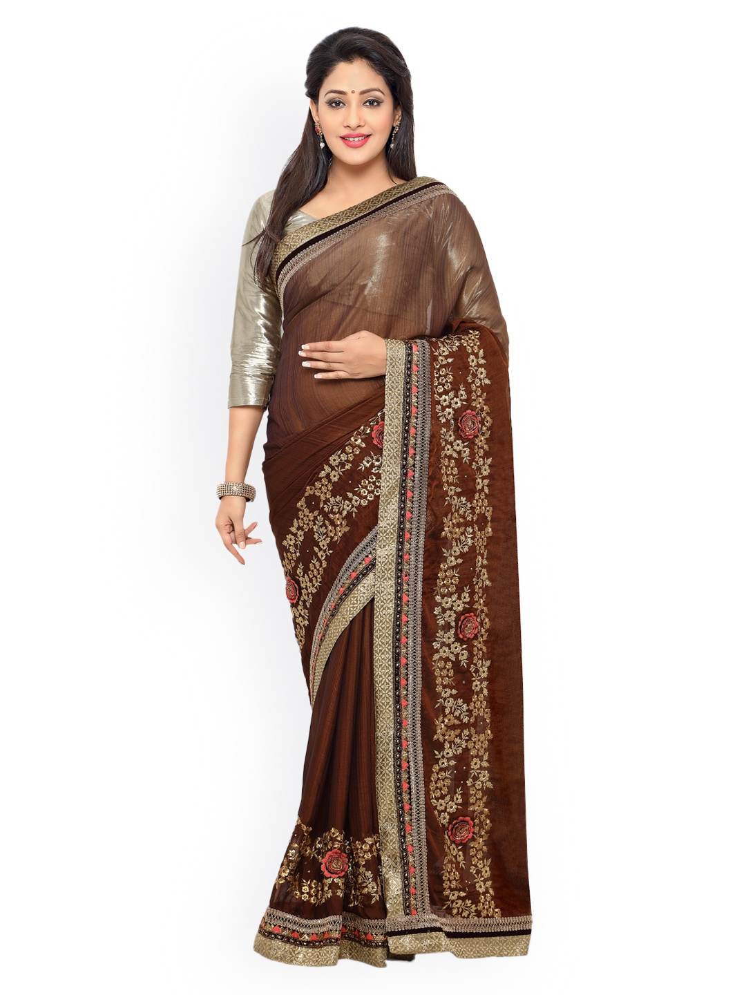 

Kalista Brown Georgette Embellished Saree