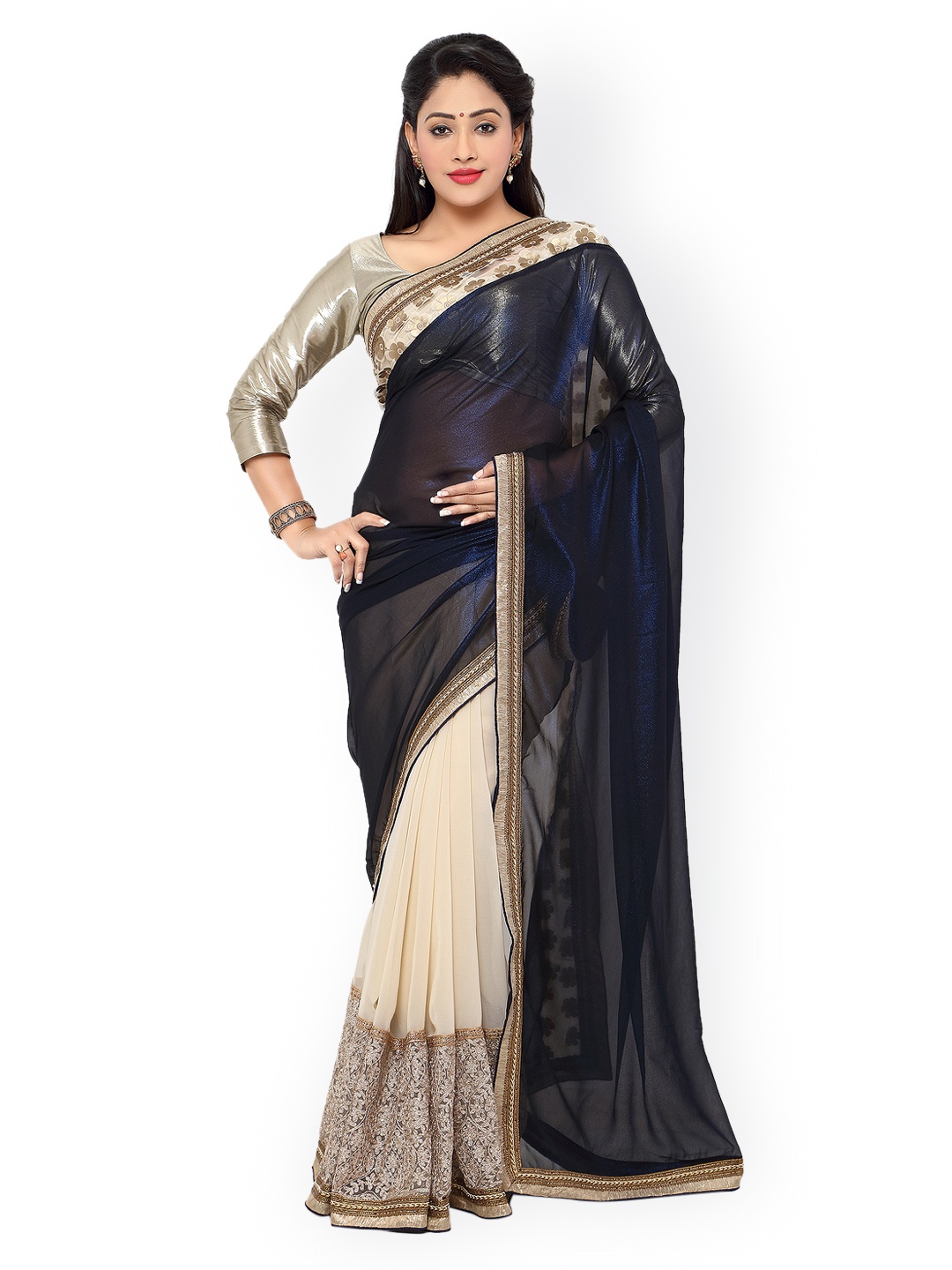 

Kalista Navy & Beige Georgette Embroidered Embellished Saree, Navy blue