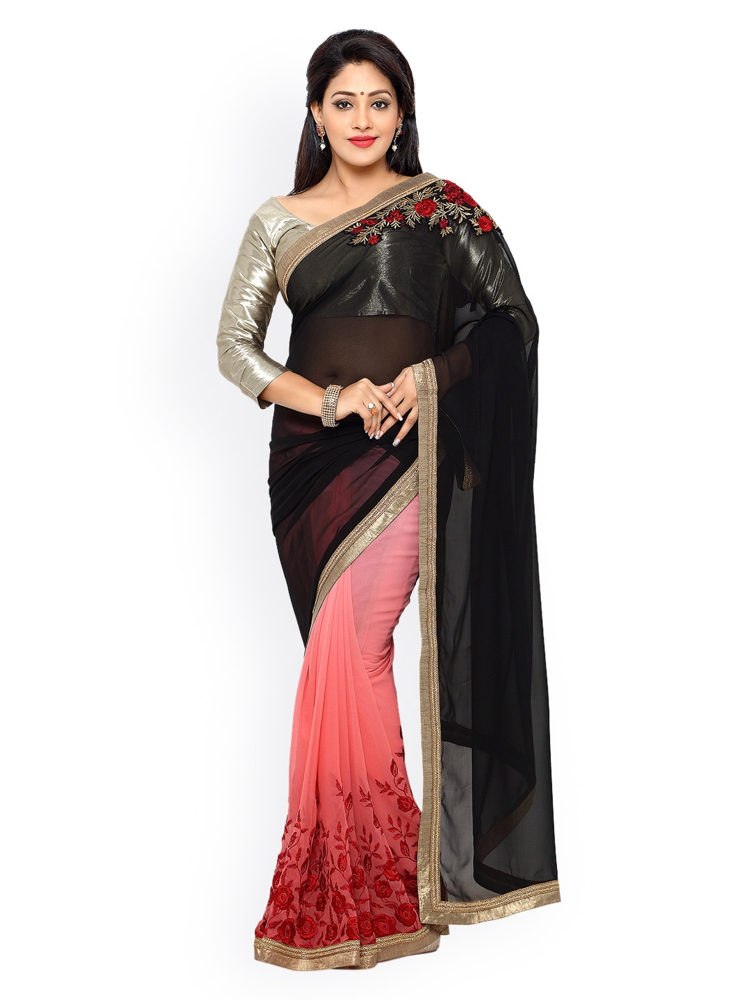 

Kalista Black & Pink Georgette Embroidered Saree