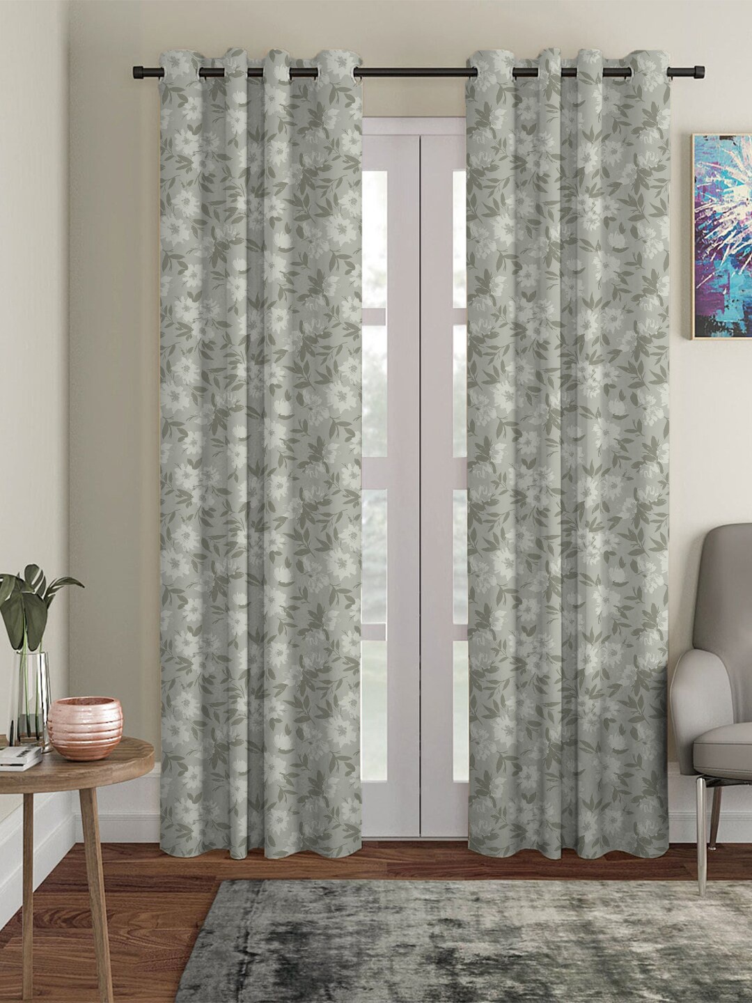 

HOUZZCODE Grey Floral Black Out Long Door Curtain