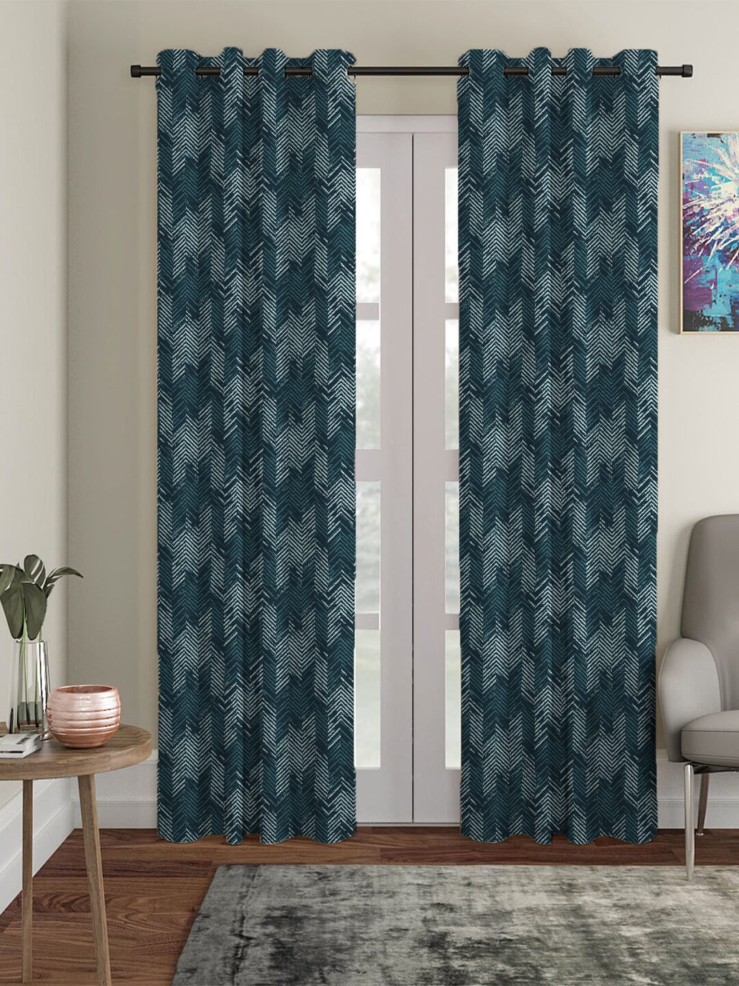 

HOUZZCODE Teal Printed Room Darkening Door Curtain