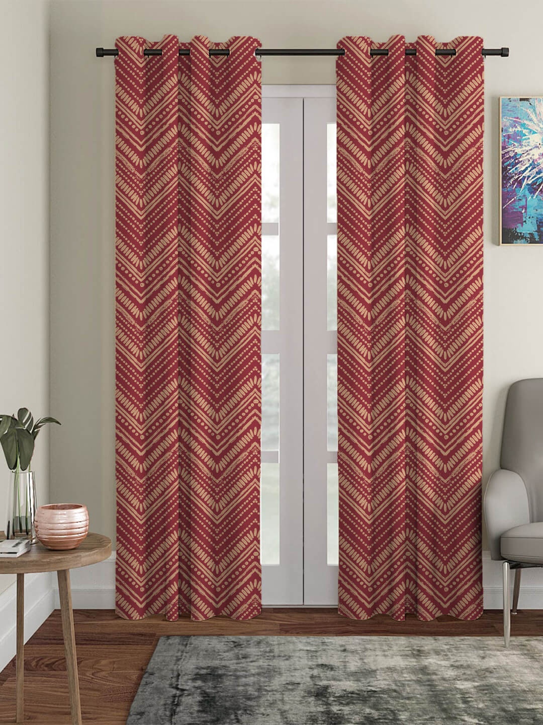 

HOUZZCODE Maroon & Beige Geometric Room Darkening Long Door Curtain