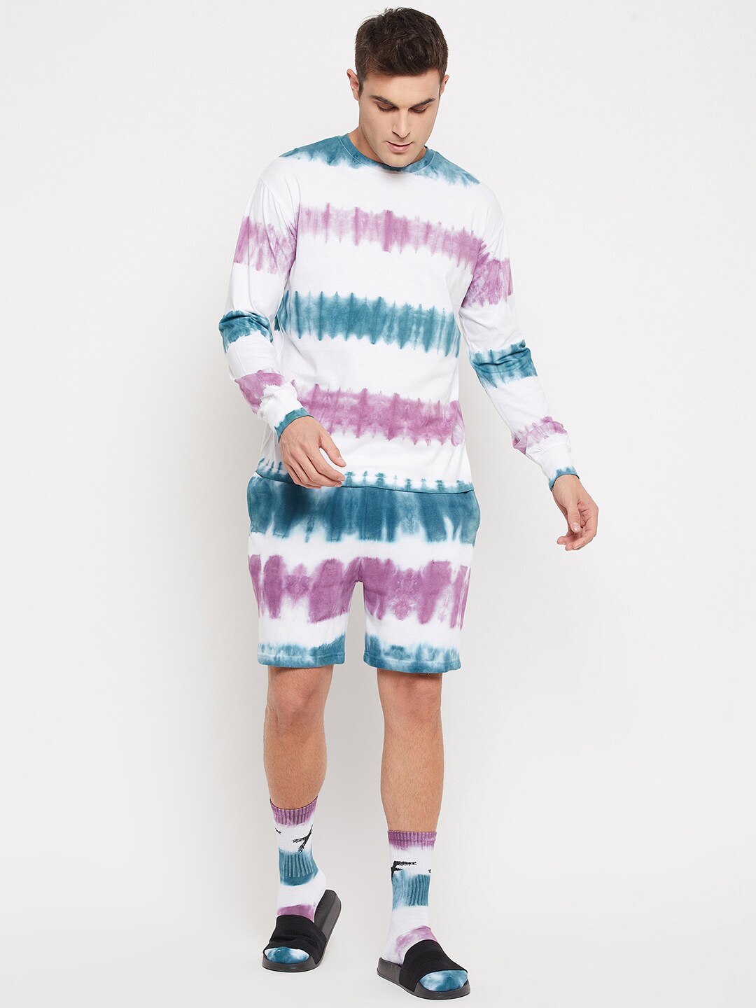 

FUGAZEE Men White & Purple Dyed Pure Cotton T-shirt with Shorts & Matching Socks