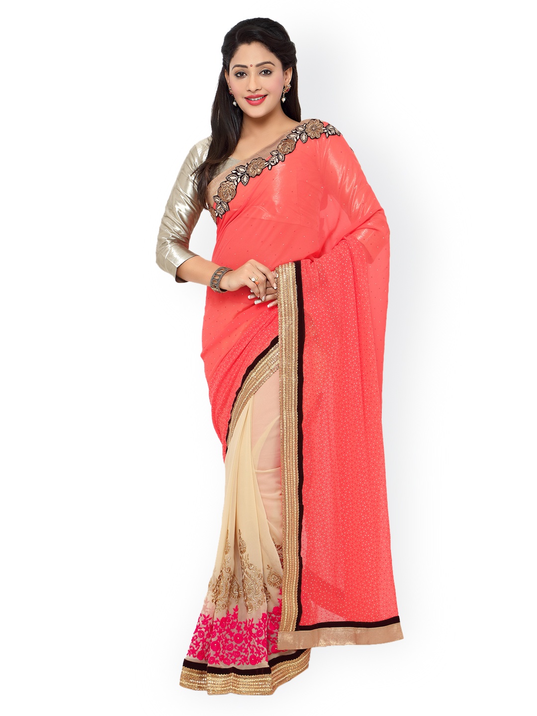 

Kalista Cream-Coloured & Peach-Coloured Georgette & Jacquard Embellished Saree