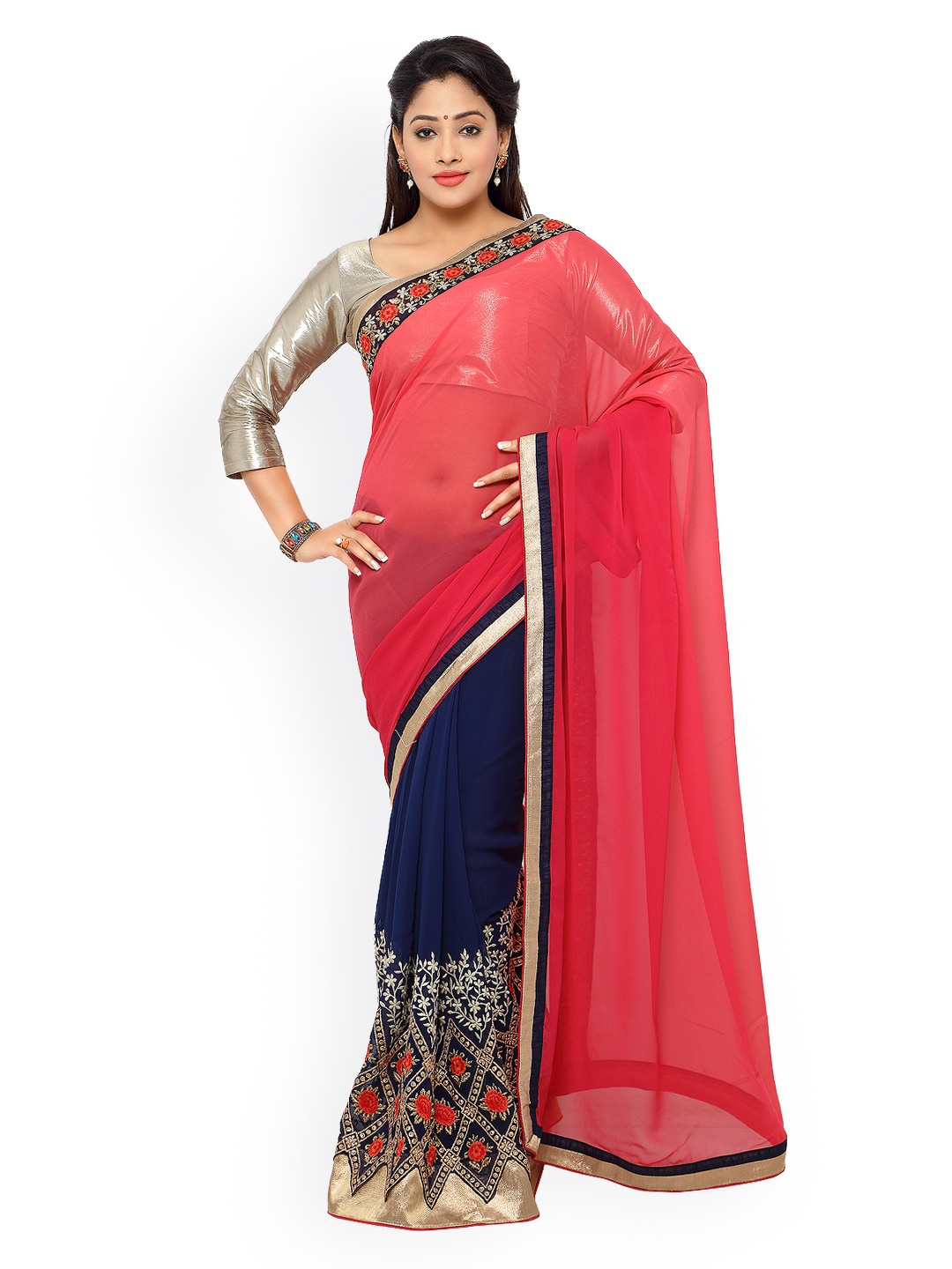 

Kalista Pink & Navy Georgette Traditional Saree